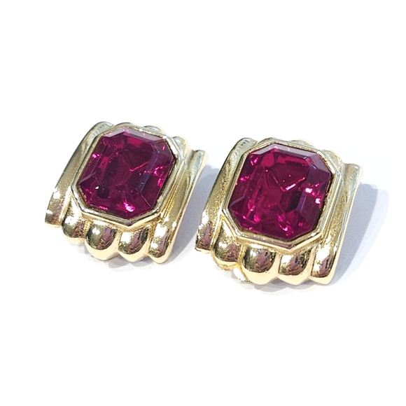Givenchy Jewelry - Vintage Givenchy Red Rhinestone Faux Ruby Gold Tone Clip On Earrings